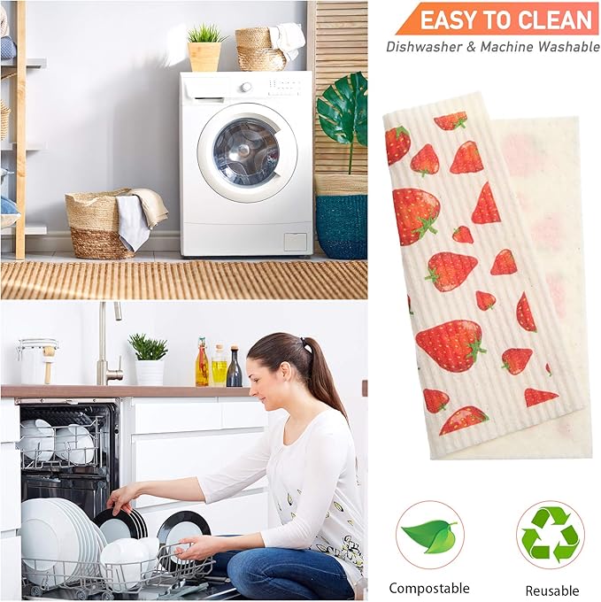 Patelai Mixed Fruit Swedish Kitchen Dishcloths Reusable Dish Towels Absorbent and Fast Dry Cleaning Cloths for Kitchen Blueberry Cherry Strawberry Lemon Pineapple Watermelon Cleaning Wipes (6 Count)