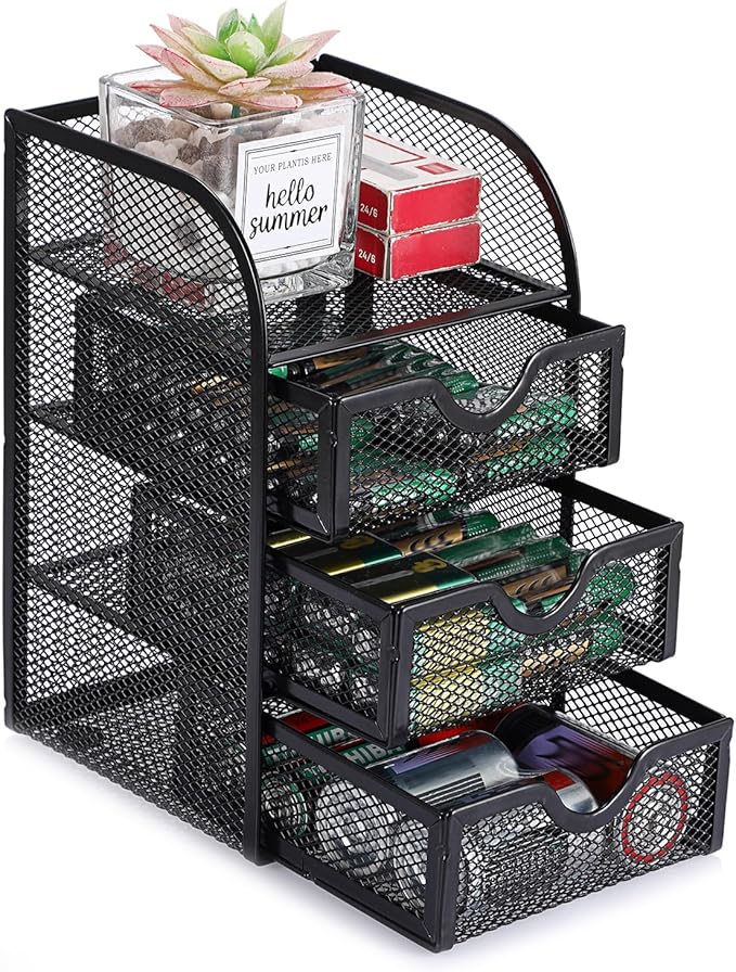 BTSKY Metal Mesh Battery Storage Organizer for AA, AAA, 9V, C Batteries, 3-Drawer Storage Box Battery Holder Organizer for Common Types Batteries, Household Container (Batteries Not Included)