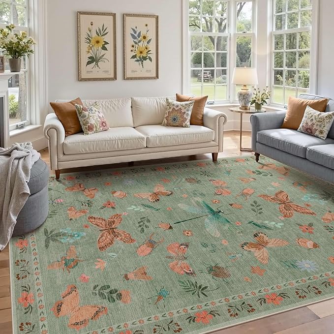 Floral Rug for Living Room Bedroom, 8x10 Area Rugs, Green Vintage Boho Washable Rug, Large Non Slip Low Pile Wool Carpet for Indoor Dining Room,Girls Room,Nursery Room and Kids Room