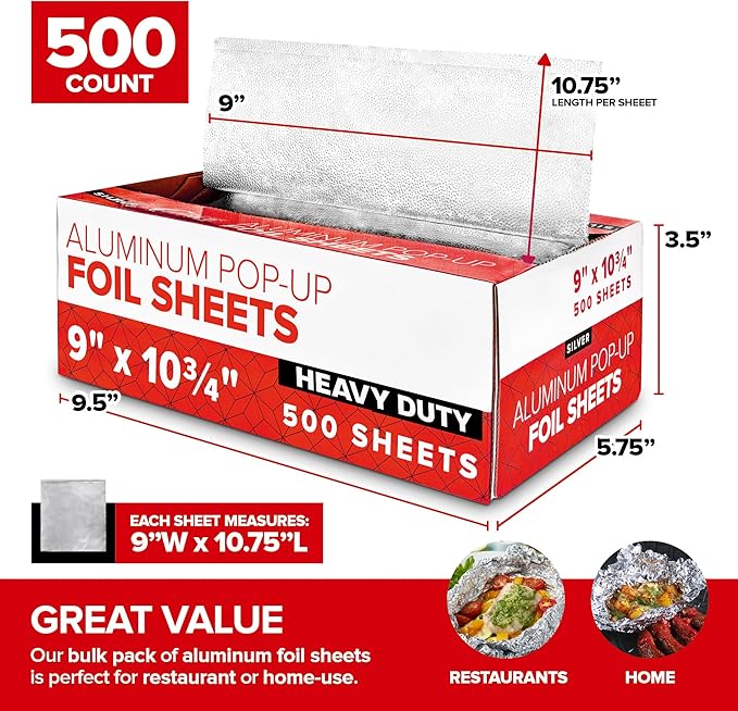 9' Ultra Heavy Duty Pop Up Deli Aluminum Foil, 500 Count Pre-Cut Sheets, Heavy Duty for Restaurant, Disposable for Food, Tin Foil for Burrito, Hot Dog or Sandwich