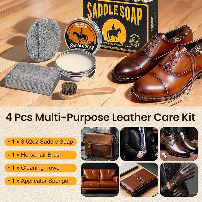 4 Pcs Leather Cleaner Boots Shoes Cleaning Kit-3.52oz Saddle Soap for Leather Items Cleaning, Including One Horsehair Shoes Polish Brush, Shine Cloth and Sponge Pad
