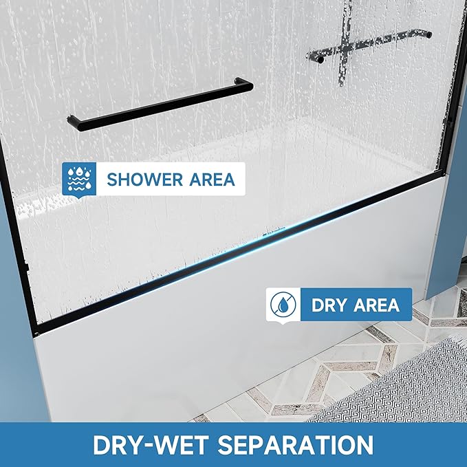 Double Sliding Bathtub Door 56-60“W x 57” H, Semi-Frameless Bath Tub Door - 1/4"(6mm) Tempered Glass Tub Shower Door with Explosion-Proof Film, Easy to Clean, Matte Black