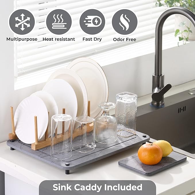 Stone Drying Mat for Kitchen Counter + Sink Caddy | 15.7"x11.8" Diatomaceous Earth Drying Mat with Stainless Steel Feet | Heat Resistant to 450°F | Eco-Friendly & Multipurpose Drying Mat