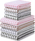 Homaxy Kitchen Towels and Dishcloths Set, 16 x 25 and 12 x 12 Inches, Set of 8 Cotton Terry Kitchen Dish Towels, Super Soft and Absorbent Dish Cloths, Black/Grey/Pink/Brown