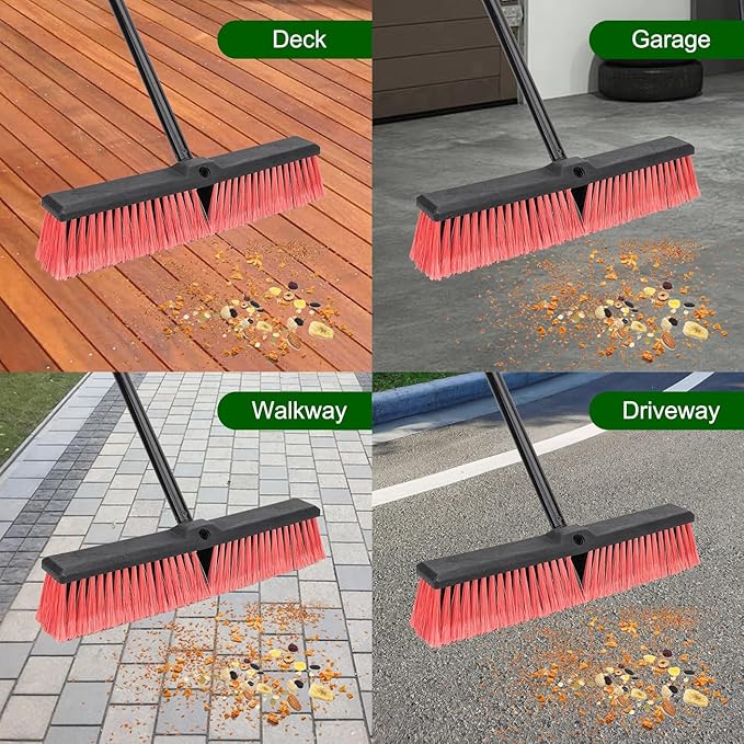 18 Inches Push Broom Outdoor- Heavy Duty Commercial Broom with 64.5" Long Handle and Stiff Bristles for Patio Garage Deck Concrete Wood Stone Tile Driveway Yard Warehouse Shop Floor Cleaning Broom
