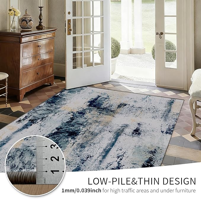 3x5 Indoor Entryway Rug, Modern Abstract Washable Rug, Boho Non Slip Throw Carpet for Bedroom Bedside, Kitchen, Bathroom, Entry and Living Room - Blue