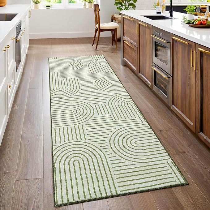 Modern Rug 2.5x8 Runners for Hallways, Abstract Kitchen Runner Rugs Non Slip Bath Runners, Rainbow Washable Runner Rug for Bedroom, Soft Long Rugs for Entryway Bathroom Laundry Dorm, Green