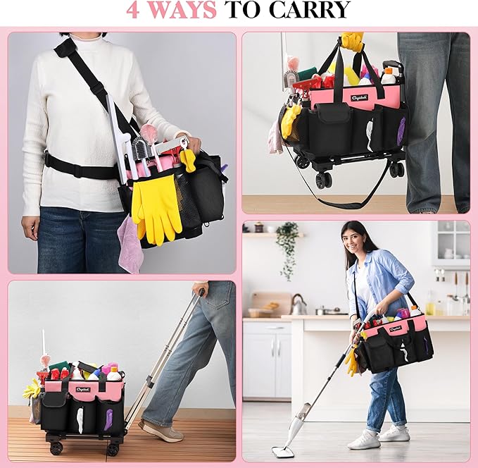Rolling Cleaning Caddy, Cleaning Supplies Organizer with Trolley, Wearable Cleaning Tote Bag on Wheels with Hard Bottom, Cleaning Carts for Housekeepers/Home/Car/Office/Picnic (Pink)