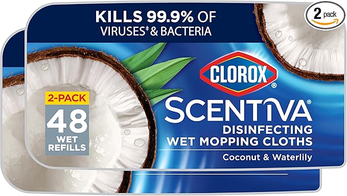 Clorox Scentiva Disinfecting Wet Mop Pad, Disposable Mop Heads, Coconut and Waterlily, 2 Packs, 24 Wet Refills Per Pack (Package May Vary)