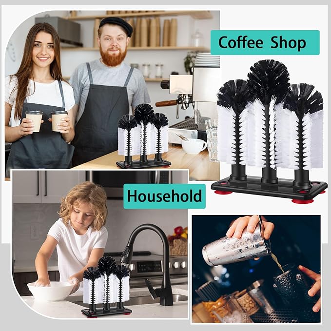 Havawish 1 Pack Water Bottle Cleaning Brush with Suction Base, 3 Head Bristle Bar Glass Washer for Sink, Washer Brush Cleaner for Bar Beer Cup, Wine Glass, Long Leg Cup Kitchen Tools