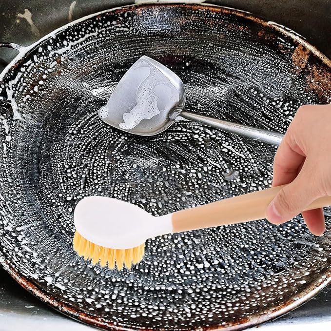 Cabilock Kitchen Dish Brush with Handle, Heavy Duty Stiff Scrub Brush for Cleaning Pans, Wok, Pots and Sink, Non-Scratch Dishwashing Scrubber with Scraper for Household Kitchen Utensil Supply