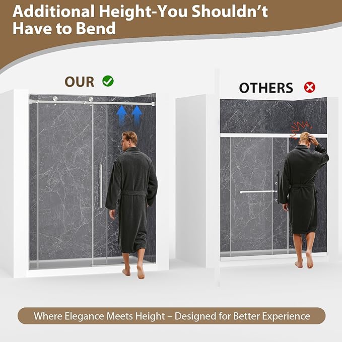 Frameless Glass Shower Door, 61-66" W x 76" H Sliding Frameless Shower Door, 1/4''(6mm) SGCC Tempered Glass, Explosion-Proof Film Nano Coating, Stainless Steel Hardware, Brushed Nickel