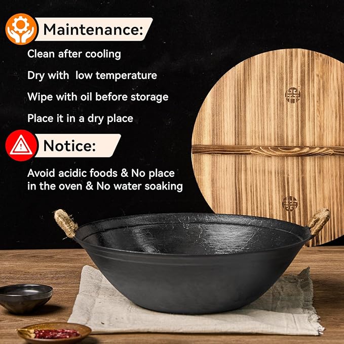 WANGYUANJI 14.2" Cast Iron Wok with Lid, Dual Handles - Flat Bottom Chinese Stir Fry Pan for Induction & Gas Stoves - Traditional Handcrafted Turtle Shell Texture, Uncoated & Non-Toxic
