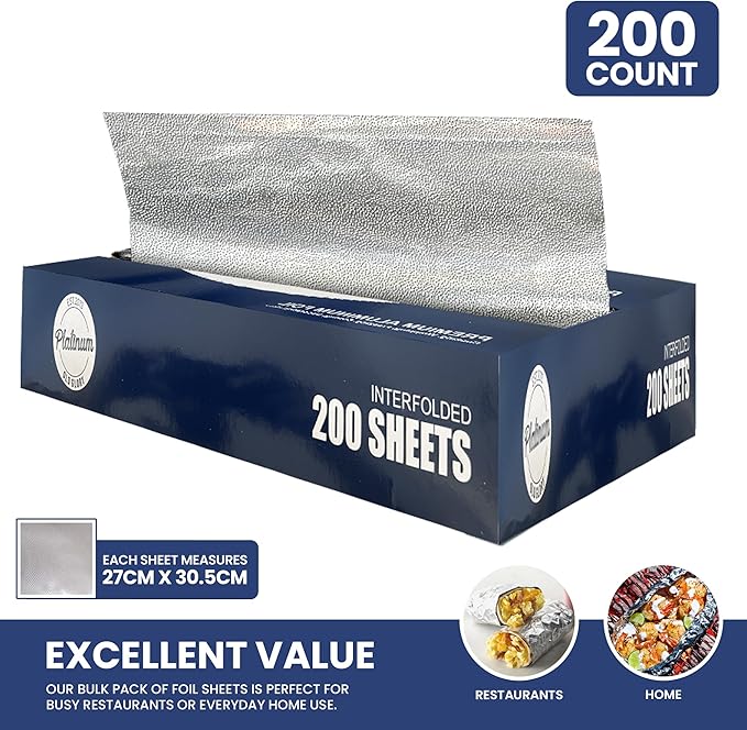 Pre-Cut Aluminum Foil Sheets 12" x 10.7" – Non-Stick, Pop-Up Disposable Sheets for Grilling, Baking, BBQ, Food Storage, and Catering (12X10.7", 200.0, sheet)