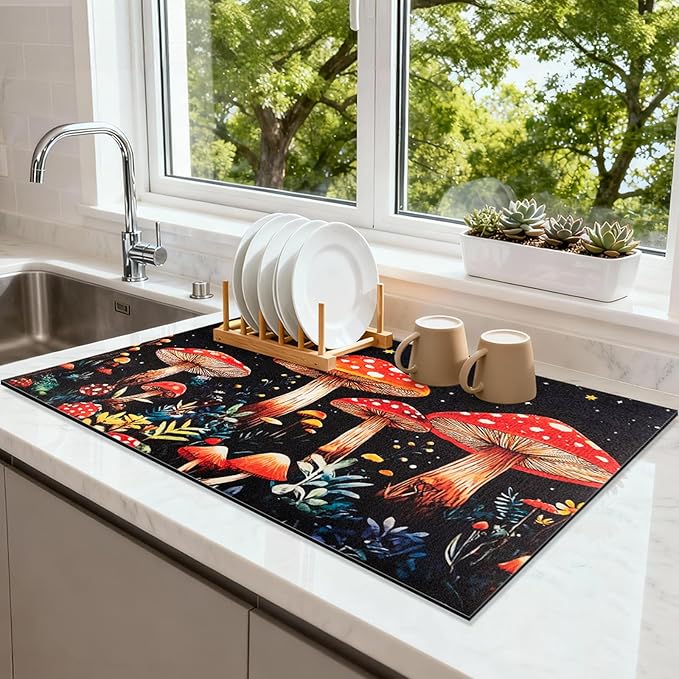 Mushroom Dish Drying Mat 24" x 16" for Kitchen Counter Coffee Mat Bar Accessories,Fit Uder Pot, Dish Rack,Hide Stain,Absorbent Easy Clean