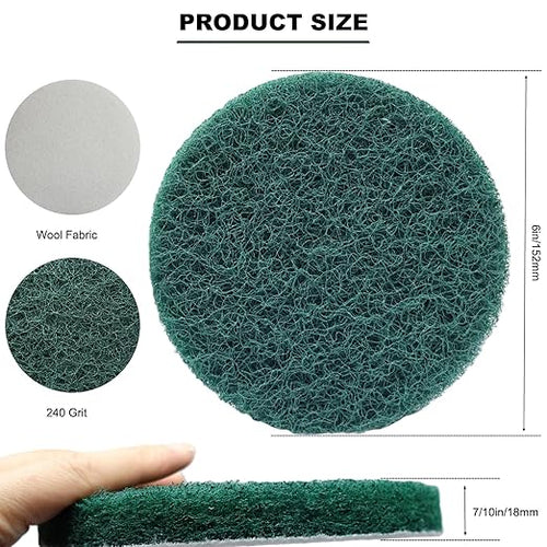 10 Pack 6 Inch Multipurpose Green Scrubber Scouring Pads Flocking Scuff Pads -Hoop and Loop Scuff Pads Conditioning Discs Polishing Pad for Furniture Automotive Cleaning, Rust Removal (240 Grit)