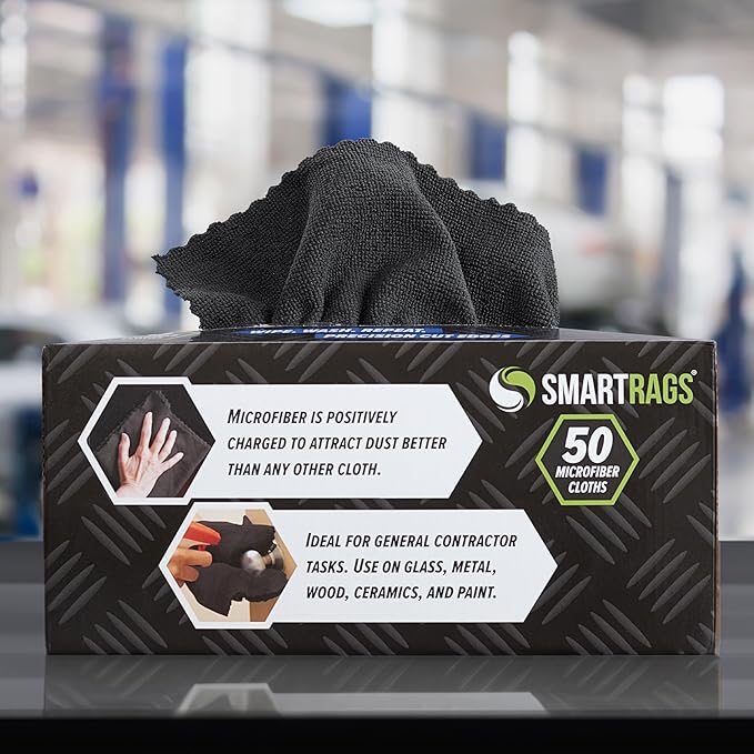 Arkwright Smart Rags in Box - (Bulk Case of 400) Lint Free Microfiber Cleaning Cloth, Scratch & Streak-Free, Dispensable Wash Towels for Cars, Window Glass, and Auto Shop, 12 x 12 in, Black