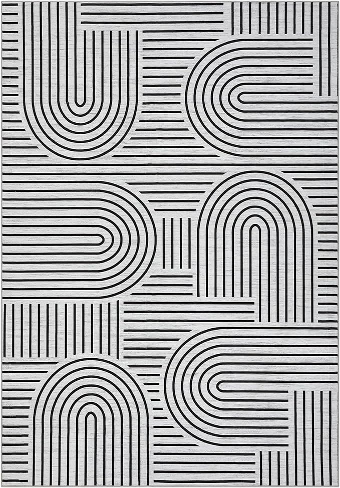 Washable Rug 5x7 Area Rugs for Living Room, Abstract Rug for Bedroom, Soft Rainbow Non Slip Rugs with Rubber Back, Low Pile Stain Resistant Boho Geometric Carpet for Dining Room, Blackwhite