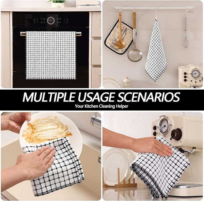 Homaxy Kitchen Towels and Dishcloths Set, 16 x 25 and 12 x 12 Inches, Set of 12 Cotton Terry Kitchen Dish Towels, Super Soft and Absorbent Dish Cloths, Black