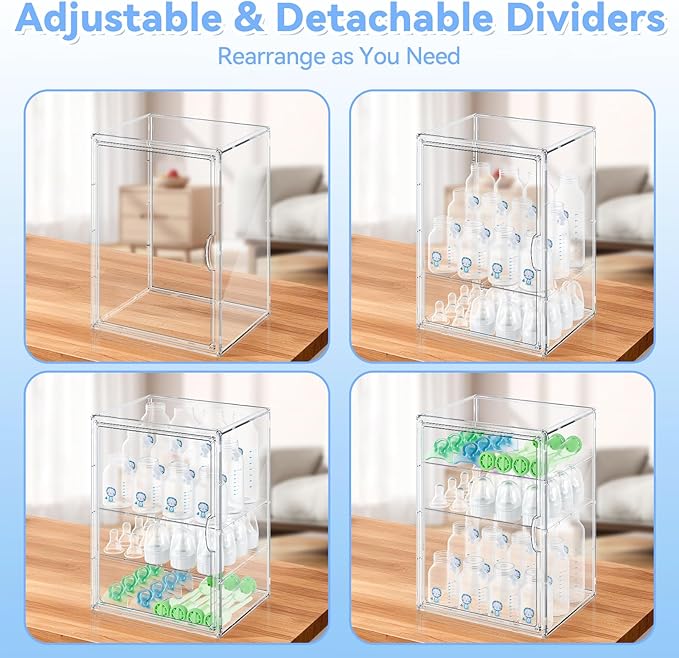 Baby Bottle Organizer for Countertop, Large Clear Bottle Storage Organizer, Baby Bottle Storage Organizer for Bottles, Nipples, Pump Parts & Food Jars, Nursery Cabinet, Kitchen Pantry