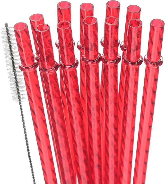 Dakoufish 12 Inch Reusable Clear Plastic Swirl Drinking Straws for 30 oz & 40 oz Jars/Tumblers,Set of 12 Pcs Replacement Crystal Red Straws with Cleaning Brush (12inch,Red)