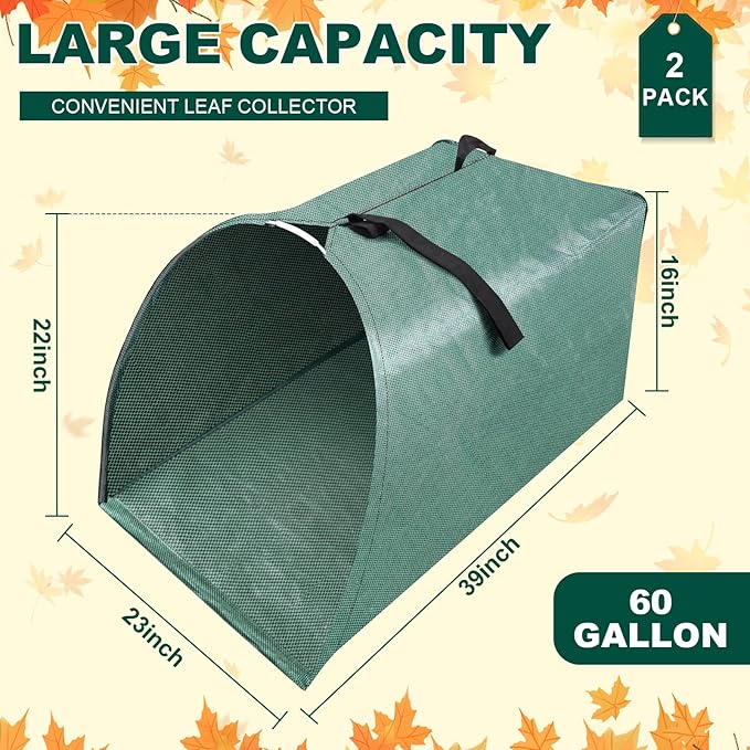 2 Pack 60 Gallon Large Leaf Collector, Dustpan-Style Lawn and Leaf Bags, Collapsible Yard Waste Bags Easy Storage & Transport, Reusable Leaf Pick Up Garden Bag for Leaves Grass Debris Lawn Trash