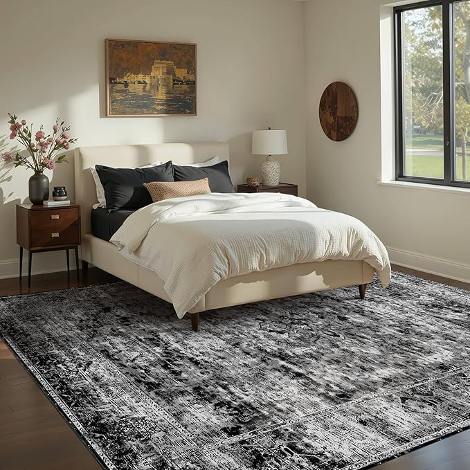 Area Rugs 6x9, Washable Rugs for Living Room, Bedroom, Black Rug, Vintage Boho Indoor Soft Carpet for Dining Room, Low Pile Rugs for Office, Farmhouse