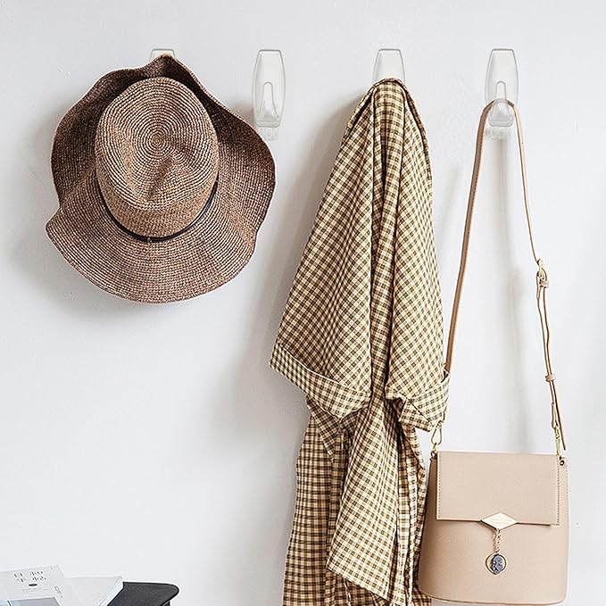 12 Large Wall Hooks for Hanging Heavy Duty, with 16 Removable Strips, Clear Hanger Hooks, Damage-Free Utility Hooks with Adhesive Strips, Plastic wall Hook for Key, Shower, Towel, Coat, Door, Hat.