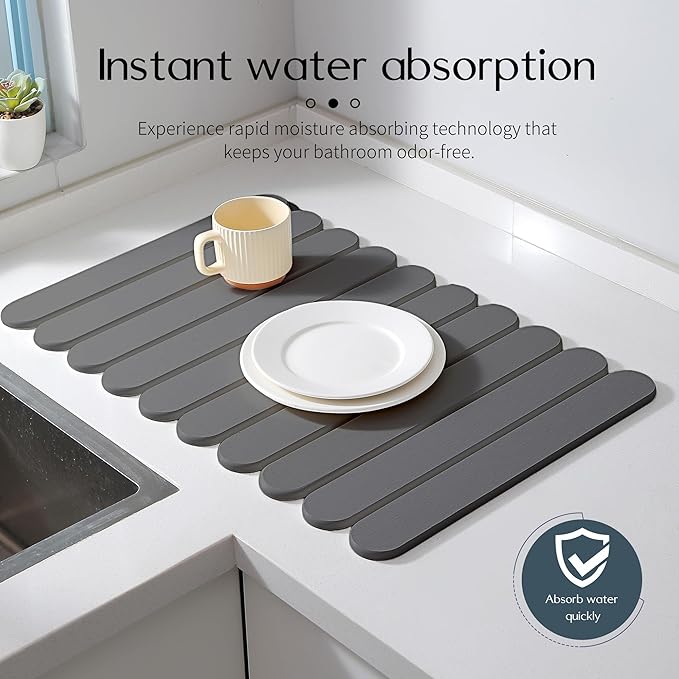 16"×12" Grey Stone Dish Drying Mats for Kitchen Counter, Large Quick Dry Collapsible Eco-Friendly Super Absorbent Diatomaceous Earth Heat-resistant Mat for Dishes Bottles Cups, Match Any Countertop