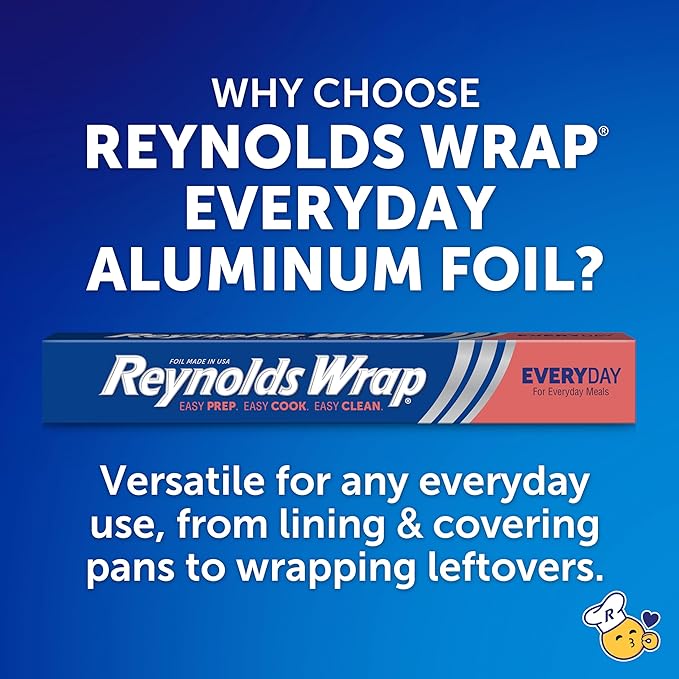 Reynolds Wrap Everyday Strength Aluminum Foil Roll, Freezer Safe and Grill Safe, Great for Foil Packets and Home Cooking, 12 Inches Wide, 100 Total Sq. Ft.