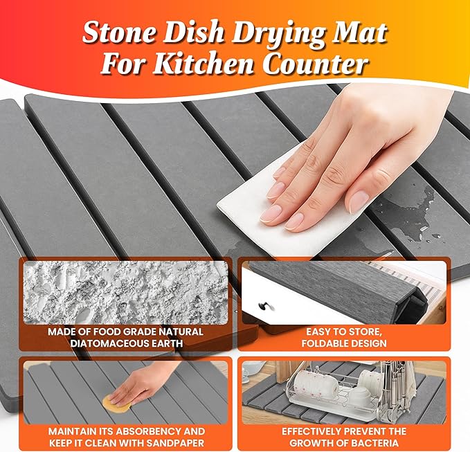 Large Stone Dish Drying Mat for Kitchen Counter, Instant Drying Pad, Super Absorbent Foldable Dish Drying Mat, 24"×16", Dark Gray