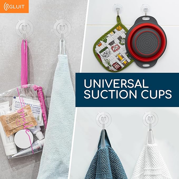 GLUIT Suction Cup Hooks - Utility Hook Wall Hangers for All Purposes Stainless Steel Removable Small Suction Cups for Kitchen Bathroom Shower Wall Window Glass Door 3 lbs (14 Suction Hooks)