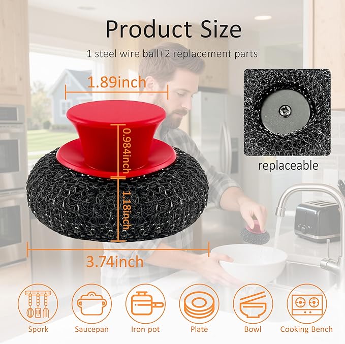 Stainless Steel Wool Scrubber with Rubber Handle & 2 Pads for Cleaning Dishes, Kitchen Pots, Pans, Grills (Red)