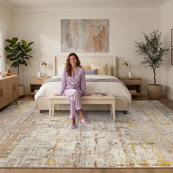 10x14 Extra Large Washable Area Rug, Soft Abstract Vintage Rug for Living Room, Bedroom, Office, Farmhouse, Low Pile Imitation Wool Non Slip Carpet Ideal for High-Traffic Areas, Beige Gold