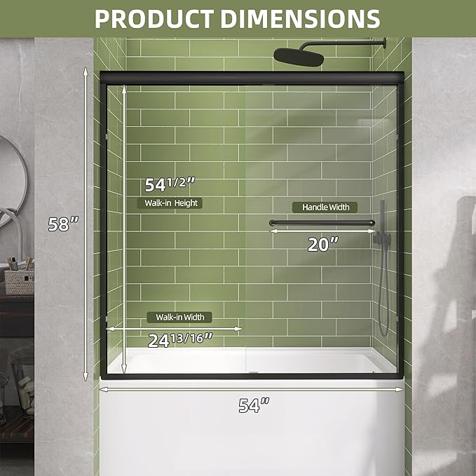 GETPRO Tub Shower Door Sliding 50-54 in. W x 58 in. H Semi-Frameless Bypass Double Sliding Bathtub Door for Bathroom,1/4 inch Clear Tempered Glass Tub Door Matte Black