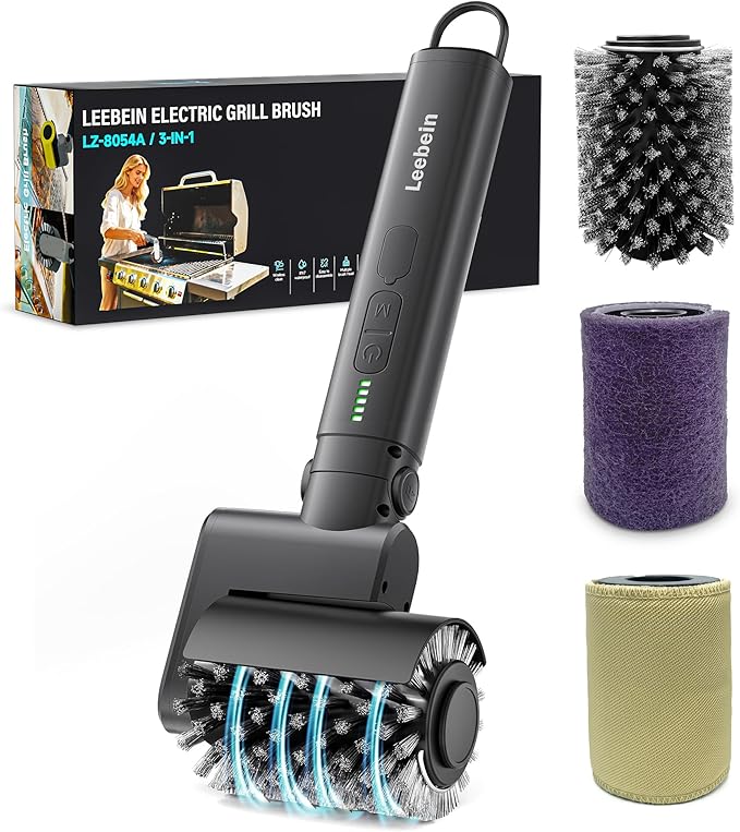 Leebein Electric Grill Brush for Outdoor, 2026 Upgraded BBQ Grill Cleaner with 3 Heads, 3-Speed & Angle Adjust Cordless Rotary Grill Brush, 150Mins Runtime Grill Cleaning Brush for Barbecue Grates