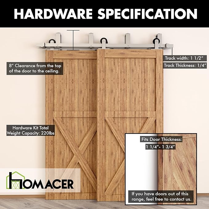 Homacer Brushed Nickel Double Track U-Shape Bypass Sliding Barn Door Hardware Kit, for Two/Double Doors, 5ft Long Flat Track, T-Shape Design Roller