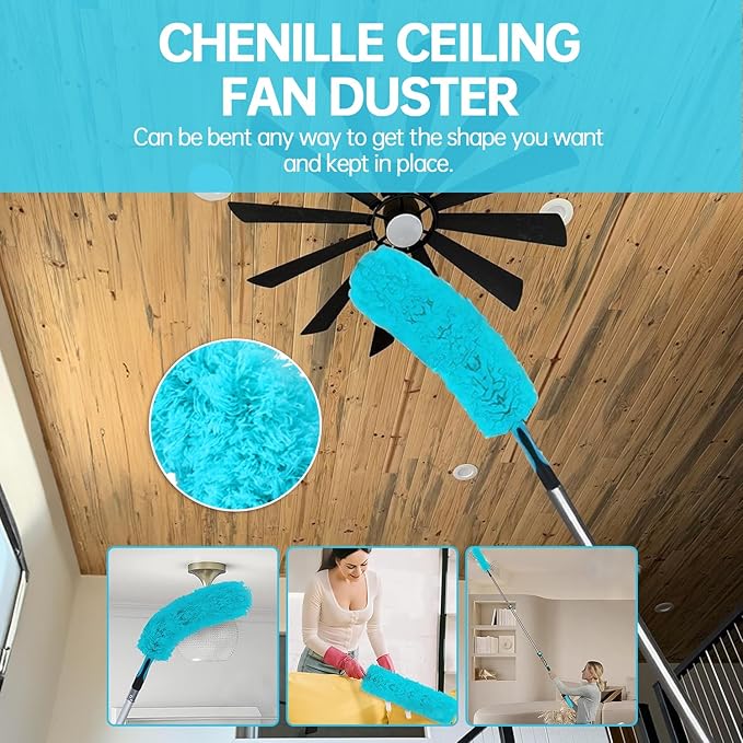 High Ceiling Duster Kits with 3-8ft Heavy Duty Extension Pole - Fan Blade Cleaner, Cobweb Remover & Blue Window Squeegee Kit, Washable Dust Brush and Glass Surfaces, Skylight Shades Operating Hook