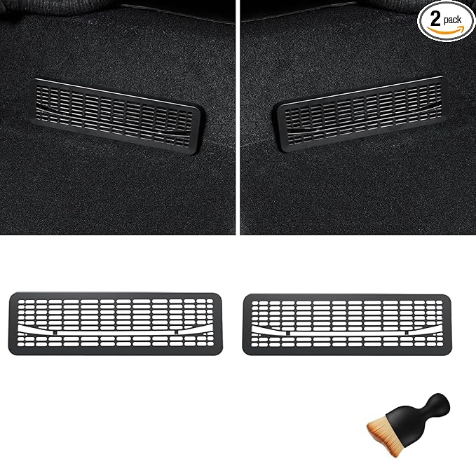 Rear Under-Seat Vent Protector for Tesla Model Y Juniper 2025–2026, ABS Mesh HVAC Air Outlet Guards, Snap-On, Anti-Kick & Debris Block, Left & Right Pair (2PCS), Black + Mini Air Vent Cleaning Brush
