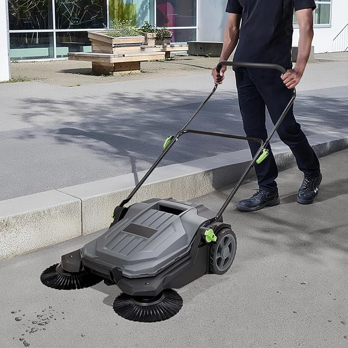 Walk-Behind Hand Push Floor Sweeper, 25.6" Sweeping Width Floor Sweeper Manual Non-Electric, 5-Gallon Waste Container, Angle & Height Adjustable Folding Handle for Walkway, Yard, Garage, Patio (25.6")