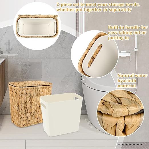 Wicker Trash Can with Lid and Liner, Handwoven Wicker Waste Basket, Water Hyacinth Bathroom Trash Can, Boho Rattan Garbage Wastebasket for Bedroom Home Living Room Office Kitchen, 2.5 Gallon