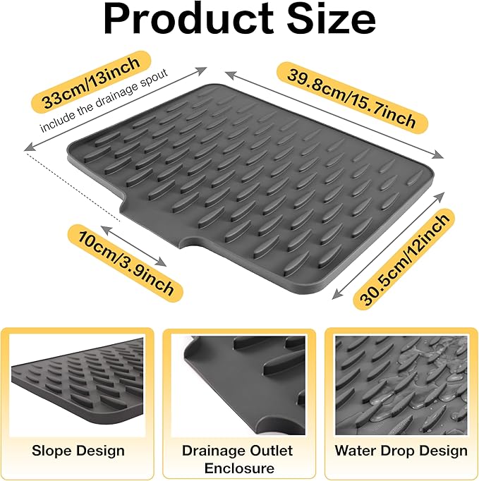 CHIKILLA Silicone Dish Drying Mat for Kitchen Counter, Fast Drainage Design for Vegetables Fruits, Heat Resistant, Non-Slip , Dishwasher Safe – 15.7x13 inch Urban Gray
