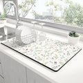 Rnivvi Dish Drying Mat for Kitchen Counter, 12 x 19" Cute Flower Theme Super Absorbent Draining Pad, Non-Slip Heat Resistant Coffee Bar Mat for Coffee Machine Station Accessories, White Dish Rack Pad