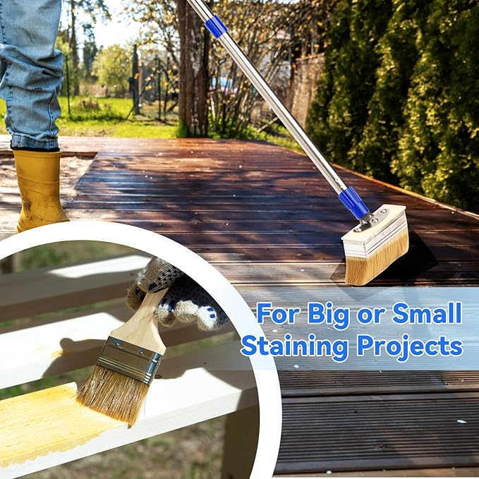 7" Deck Stain Brush Applicator with 60" Long Handle, 3" Paint Brush Included for Woodstains, Oils, Decking, Decking Stains, Deck Coatings, Fence Wall Furniture Paints
