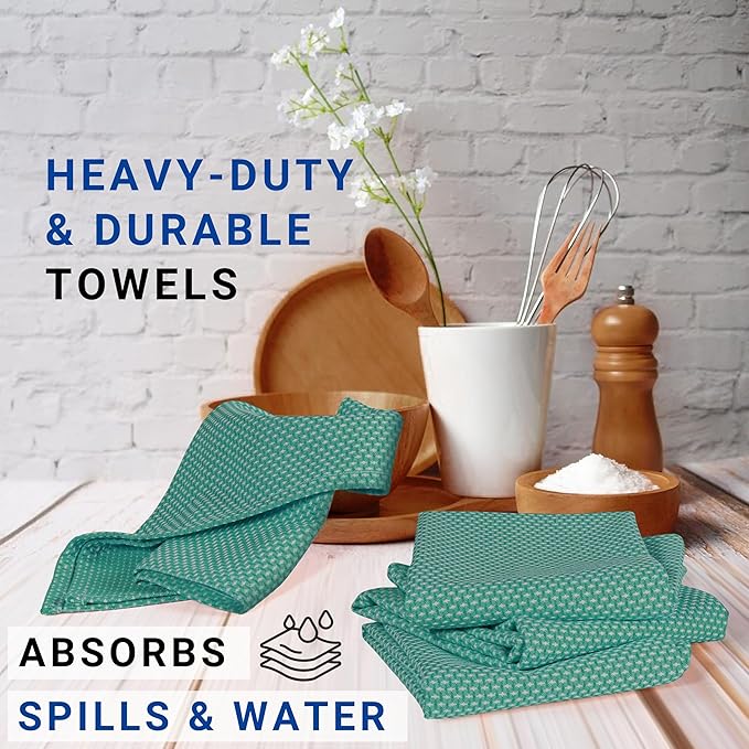 TWINY threads Set of 6 Kitchen Dish Towels, 100% Cotton, 18x28 Inches, Soft & Absorbent Wash Cloths with Hanging Loop, Quick Drying, Washable Bar Towel for Table Cleaning - Turquoise Green