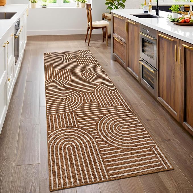 Modern Rug 2.5x10 Runners for Hallways, Abstract Kitchen Runner Rugs Non Slip Bath Mat, Rainbow Washable Runner Rug for Bedroom, Soft Long Rugs for Entryway Bathroom Laundry Dorm, Copper