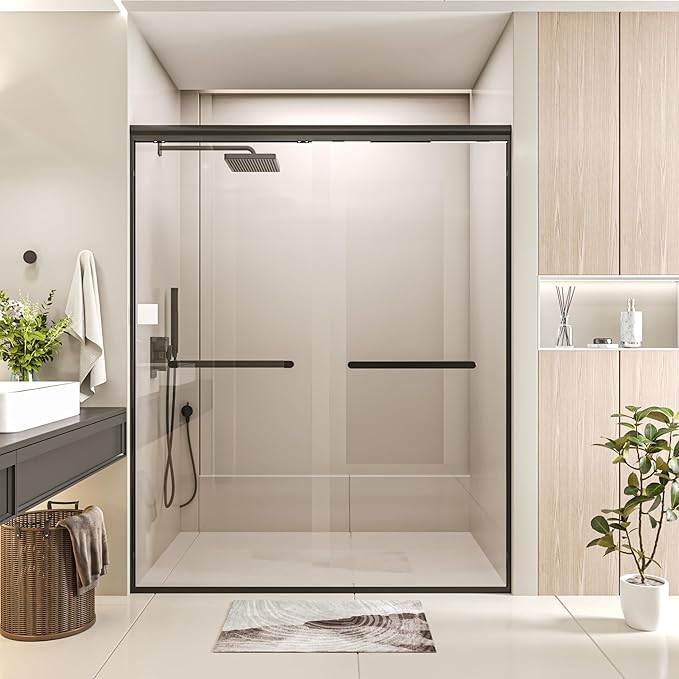 Double Sliding 44-48" W×72" H Shower Door,Semi-Frameless Sliding Glass Shower Door with 1/4''(6mm) Clear SGCC Tempered Glass,for Walk-in Shower Enclosure,Matte Black