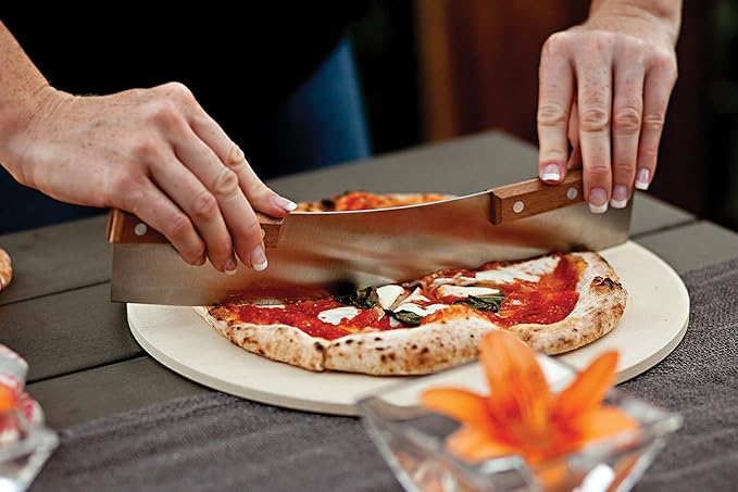 Outset Acacia Wood Handled Extra-Large Pizza Rocker with Protective Case, 13-Inch Blade, Stainless Steel