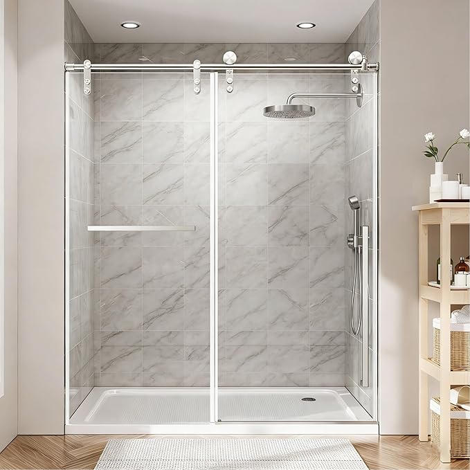 Frameless Shower Door, 44-48" W x 76" H 5/16" 8mm Glass Sliding Shower Doors with Explosion-Proof Film, Shower Doors for Walk in Shower with Tempered Glass Stainless Steel Hardware, Brushed Nickel