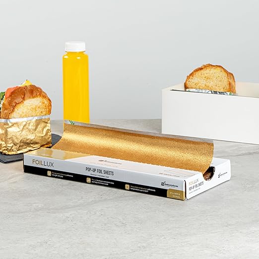 Restaurantware-Foil Lux 12 x 10.8 Inch Pop-Up Foil Sheets, 100 Disposable Foils Papers For Food - Orange Peel Embossing, Interfolded, Gold Aluminum Foils Sheets, Greaseproof, Freezable, Oven Ready